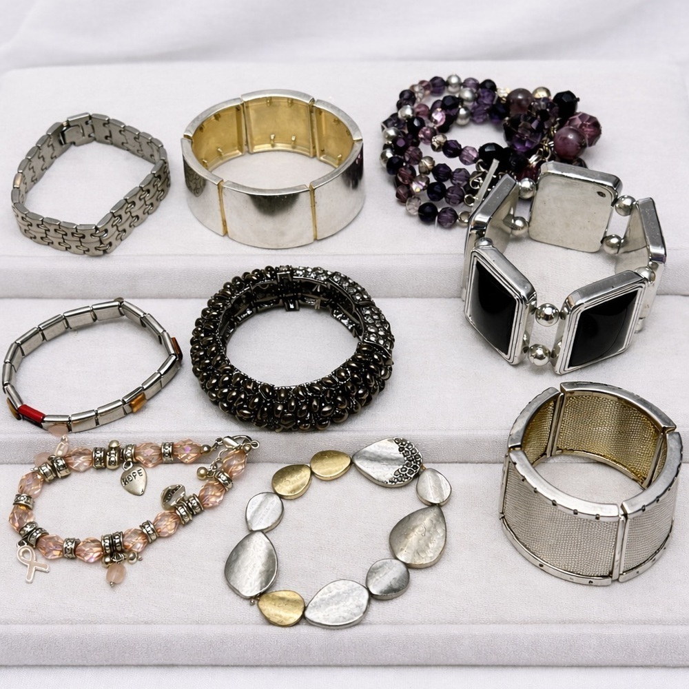 Lot of 9 Silver Tone Bracelets